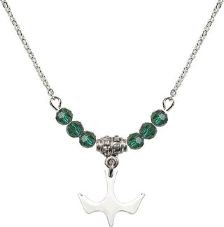 18" Rhodium Plated Necklace with 4mm Emerald Crystal Beads featuring a Sterling Silver Holy Spirit Medal.