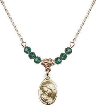 18" Hamilton Gold Plated Necklace with 4mm Emerald Crystal Beads featuring a 14kt Gold Filled Madonna & Child Medal.