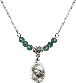 18" Rhodium Plated Necklace with 4mm Emerald Crystal Beads featuring a Sterling Silver Madonna & Child Medal.