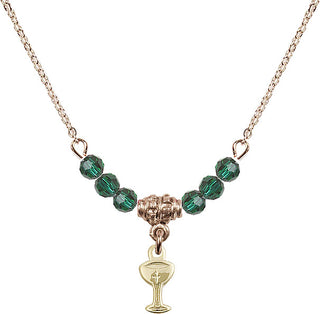18" Hamilton Gold Plated Necklace with 4mm Emerald Crystal Beads featuring a 14kt Gold Filled Chalice Medal.