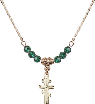 18" Hamilton Gold Plated Necklace with 4mm Emerald Crystal Beads featuring a 14kt Gold Filled Greek Orthadox Cross Medal.