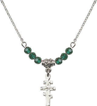 18" Rhodium Plated Necklace with 4mm Emerald Crystal Beads featuring a Sterling Silver Greek Orthadox Cross Medal.