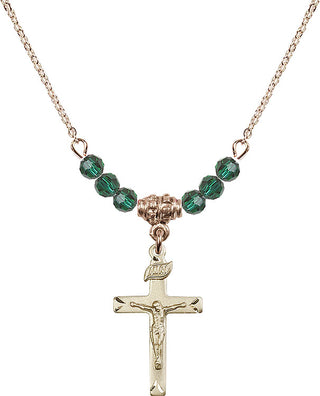 18" Hamilton Gold Plated Necklace with 4mm Emerald Crystal Beads featuring a 14kt Gold Filled Crucifix Medal.