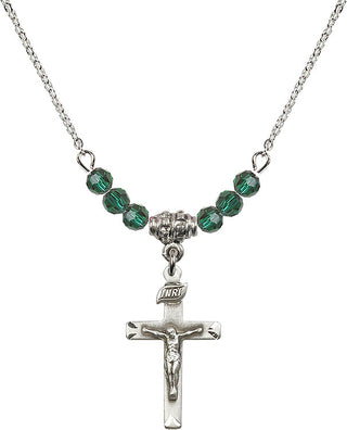 18" Rhodium Plated Necklace with 4mm Emerald Crystal Beads featuring a Sterling Silver Crucifix Medal.