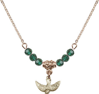 18" Hamilton Gold Plated Necklace with 4mm Emerald Crystal Beads featuring a 14kt Gold Filled Holy Spirit Medal.