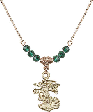 18" Hamilton Gold Plated Necklace with 4mm Emerald Crystal Beads featuring a 14kt Gold Filled Saint Michael the Archangel Medal.