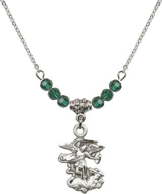 18" Rhodium Plated Necklace with 4mm Emerald Crystal Beads featuring a Sterling Silver Saint Michael the Archangel Medal.