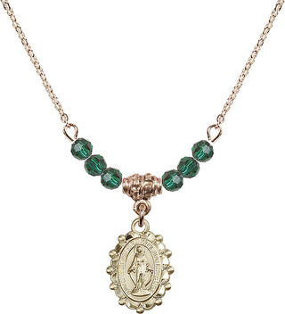 18" Hamilton Gold Plated Necklace with 4mm Emerald Crystal Beads featuring a 14kt Gold Filled Miraculous Medal.