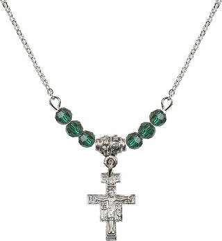 18" Rhodium Plated Necklace with 4mm Emerald Crystal Beads featuring a Sterling Silver San Damiano Crucifix Medal.