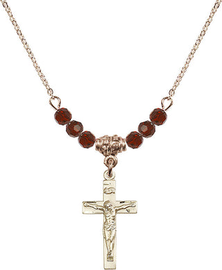 18" Hamilton Gold Plated Necklace with 4mm Garnet Crystal Beads featuring a 14kt Gold Filled Crucifix Medal.