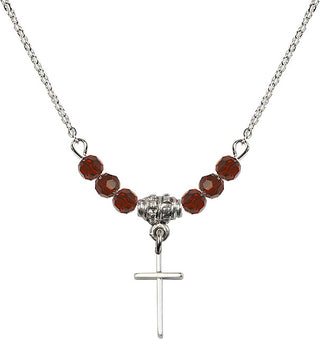 18" Rhodium Plated Necklace with 4mm Garnet Crystal Beads featuring a Sterling Silver Cross Medal.