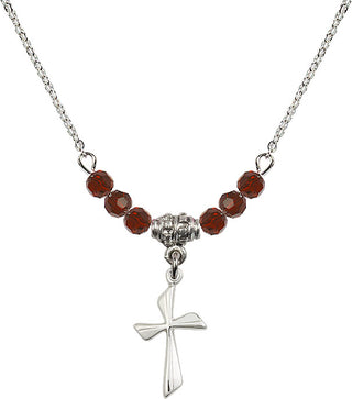 18" Rhodium Plated Necklace with 4mm Garnet Crystal Beads featuring a Sterling Silver Cross Medal.