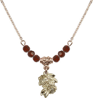 18" Hamilton Gold Plated Necklace with 4mm Garnet Crystal Beads featuring a 14kt Gold Filled Rose Medal.