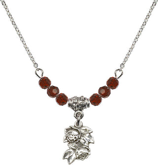 18" Rhodium Plated Necklace with 4mm Garnet Crystal Beads featuring a Sterling Silver Rose Medal.