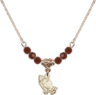 18" Hamilton Gold Plated Necklace with 4mm Garnet Crystal Beads featuring a 14kt Gold Filled Praying Hands Medal.