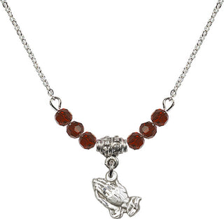 18" Rhodium Plated Necklace with 4mm Garnet Crystal Beads featuring a Sterling Silver Praying Hands Medal.