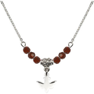 18" Rhodium Plated Necklace with 4mm Garnet Crystal Beads featuring a Sterling Silver Holy Spirit Medal.