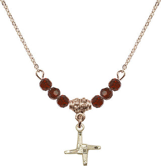 18" Hamilton Gold Plated Necklace with 4mm Garnet Crystal Beads featuring a 14kt Gold Filled Saint Brigid Cross Medal.