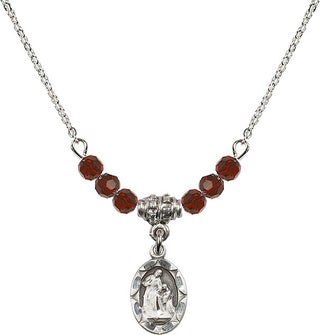 18" Rhodium Plated Necklace with 4mm Garnet Crystal Beads featuring a Sterling Silver Saint Ann Medal.