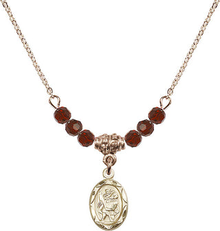 18" Hamilton Gold Plated Necklace with 4mm Garnet Crystal Beads featuring a 14kt Gold Filled Saint Christopher Medal.