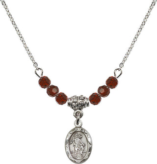 18" Rhodium Plated Necklace with 4mm Garnet Crystal Beads featuring a Sterling Silver Guardian Angel Medal.