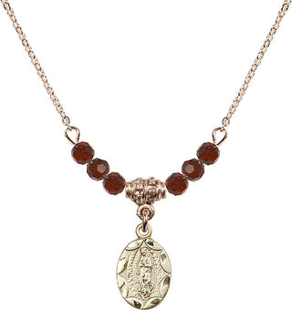 18" Hamilton Gold Plated Necklace with 4mm Garnet Crystal Beads featuring a 14kt Gold Filled Our Lady of Guadalupe Medal.