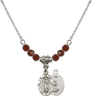 18" Rhodium Plated Necklace with 4mm Garnet Crystal Beads featuring a Sterling Silver Our Lady of Guadalupe Medal.