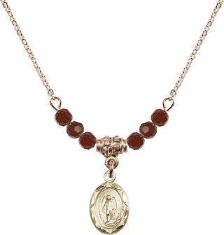 18" Hamilton Gold Plated Necklace with 4mm Garnet Crystal Beads featuring a 14kt Gold Filled Miraculous Medal.