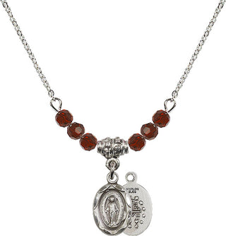 18" Rhodium Plated Necklace with 4mm Garnet Crystal Beads featuring a Sterling Silver Miraculous Medal.