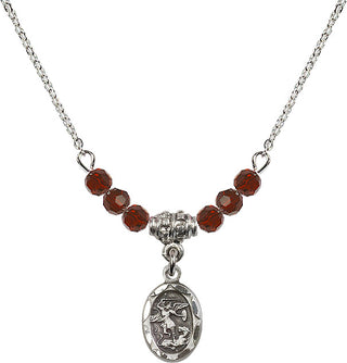 18" Rhodium Plated Necklace with 4mm Garnet Crystal Beads featuring a Sterling Silver Saint Michael the Archangel Medal.