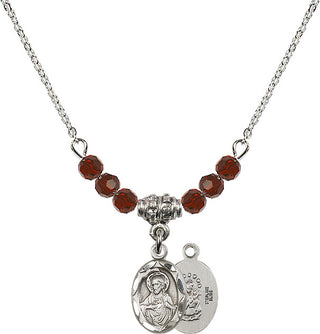 18" Rhodium Plated Necklace with 4mm Garnet Crystal Beads featuring a Sterling Silver Scapular Medal.