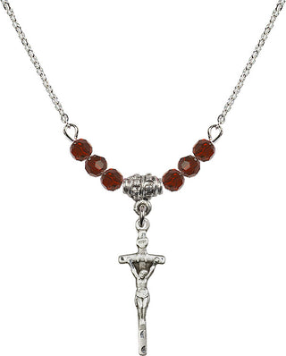 18" Rhodium Plated Necklace with 4mm Garnet Crystal Beads featuring a Sterling Silver Papal Crucifix Medal.