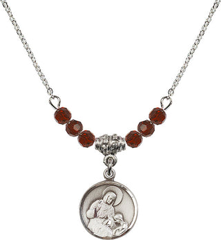 18" Rhodium Plated Necklace with 4mm Garnet Crystal Beads featuring a Sterling Silver Saint Ann Medal. Engraved Catholic Saint Jewelry