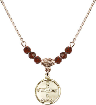 18" Hamilton Gold Plated Necklace with 4mm Garnet Crystal Beads featuring a 14kt Gold Filled Baptism Medal. Engraved Catholic Saint Jewelry