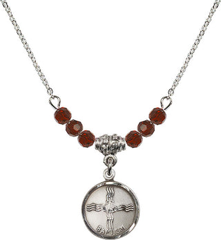 18" Rhodium Plated Necklace with 4mm Garnet Crystal Beads featuring a Sterling Silver Baptism Medal. Engraved Catholic Saint Jewelry