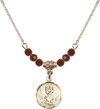 18" Hamilton Gold Plated Necklace with 4mm Garnet Crystal Beads featuring a 14kt Gold Filled Saint Christopher Medal. Engraved Catholic Saint Jewelry