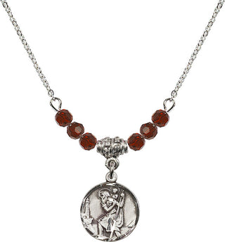 18" Rhodium Plated Necklace with 4mm Garnet Crystal Beads featuring a Sterling Silver Saint Christopher Medal. Engraved Catholic Saint Jewelry