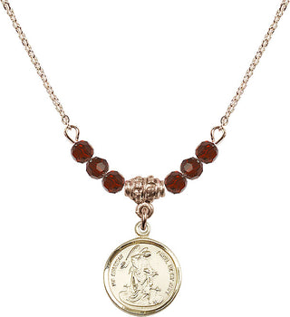 18" Hamilton Gold Plated Necklace with 4mm Garnet Crystal Beads featuring a 14kt Gold Filled Guardian Angel Medal. Engraved Catholic Saint Jewelry