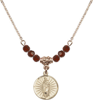 18" Hamilton Gold Plated Necklace with 4mm Garnet Crystal Beads featuring a 14kt Gold Filled Our Lady of Guadalupe Medal. Engraved Catholic Saint Jewelry