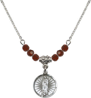 18" Rhodium Plated Necklace with 4mm Garnet Crystal Beads featuring a Sterling Silver Our Lady of Guadalupe Medal. Engraved Catholic Saint Jewelry