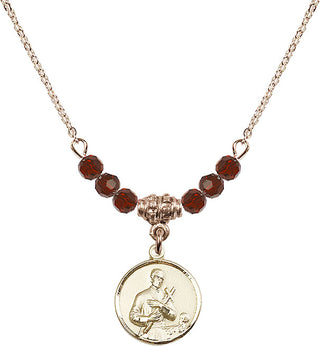 18" Hamilton Gold Plated Necklace with 4mm Garnet Crystal Beads featuring a 14kt Gold Filled Saint Gerard Medal. Engraved Catholic Saint Jewelry