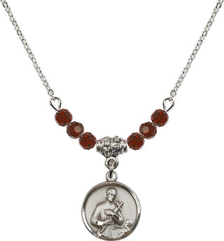 18" Rhodium Plated Necklace with 4mm Garnet Crystal Beads featuring a Sterling Silver Saint Gerard Medal. Engraved Catholic Saint Jewelry
