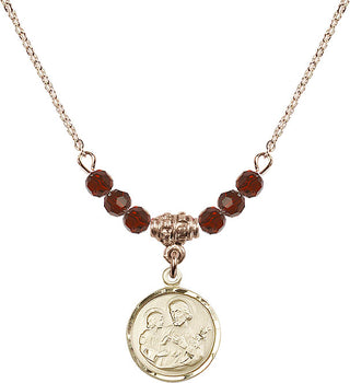 18" Hamilton Gold Plated Necklace with 4mm Garnet Crystal Beads featuring a 14kt Gold Filled Saint Joseph Medal. Engraved Catholic Saint Jewelry