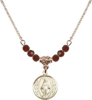 18" Hamilton Gold Plated Necklace with 4mm Garnet Crystal Beads featuring a 14kt Gold Filled Miraculous Medal.
