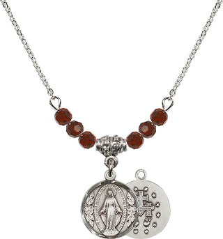 18" Rhodium Plated Necklace with 4mm Garnet Crystal Beads featuring a Sterling Silver Miraculous Medal.