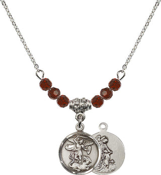 18" Rhodium Plated Necklace with 4mm Garnet Crystal Beads featuring a Sterling Silver Saint Michael the Archangel Medal.