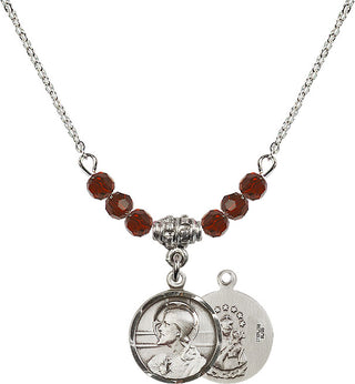 18" Rhodium Plated Necklace with 4mm Garnet Crystal Beads featuring a Sterling Silver Scapular Medal.