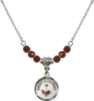 18" Rhodium Plated Necklace with 4mm Garnet Crystal Beads featuring a Sterling Silver Confirmation Medal. Engraved Catholic Saint Jewelry