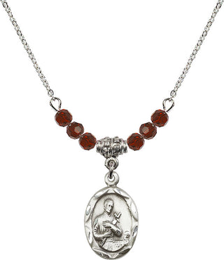 18" Rhodium Plated Necklace with 4mm Garnet Crystal Beads featuring a Sterling Silver Saint Gerard Medal. Engraved Catholic Saint Jewelry