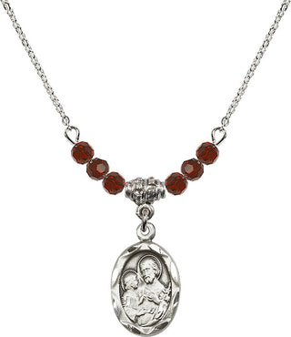 18" Rhodium Plated Necklace with 4mm Garnet Crystal Beads featuring a Sterling Silver Saint Joseph Medal. Engraved Catholic Saint Jewelry